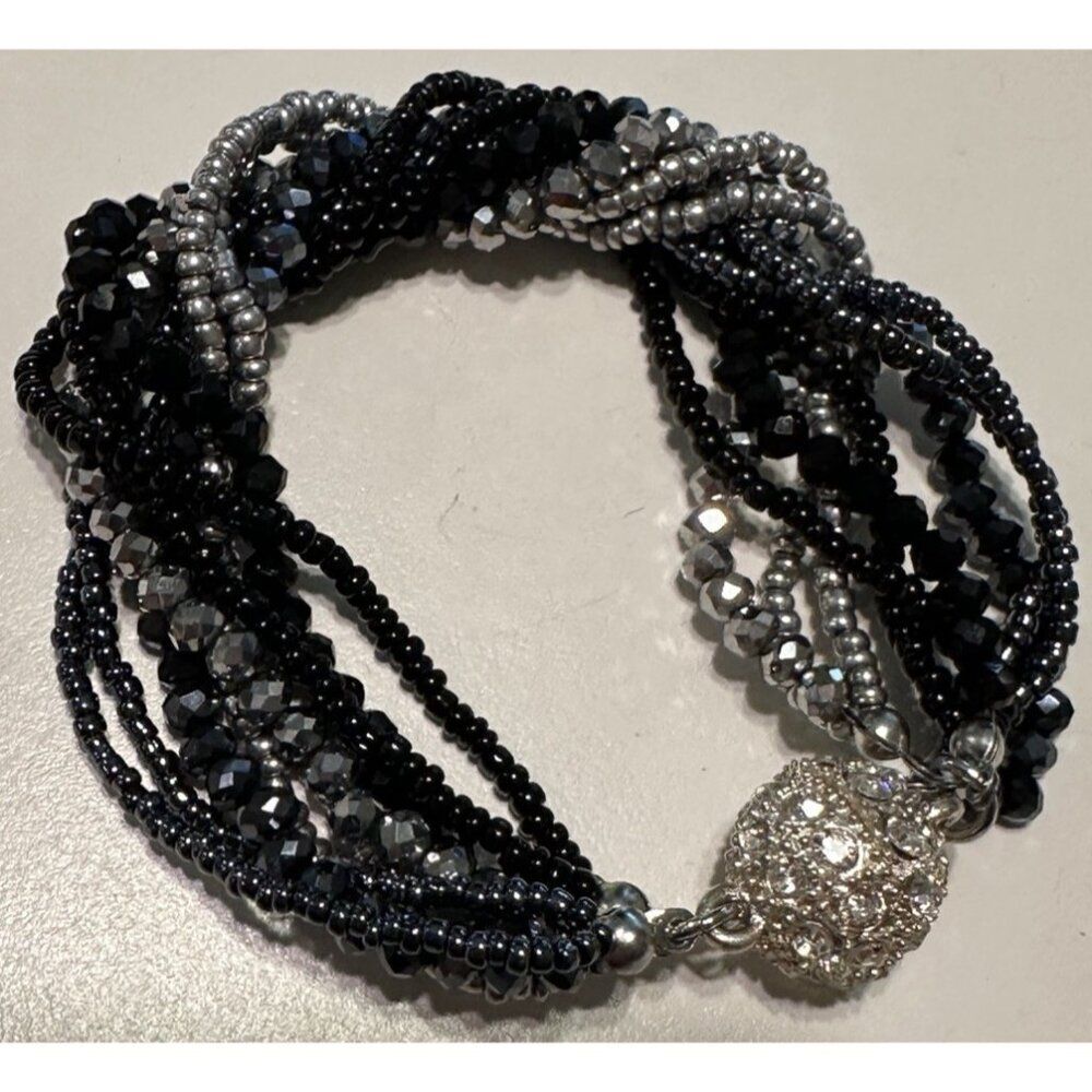 Multi Strand Bracelet Black Silver Tone Twist Beaded Magnetic Clasp Elegant